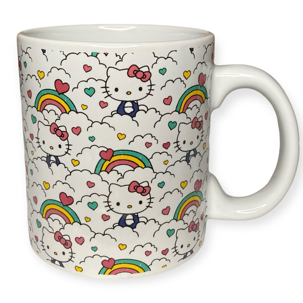 Sanrio Hello Kitty 20oz Ceramic Cafe Mug 2023 Rainbow Clouds Hearts - Picture 10 of 10